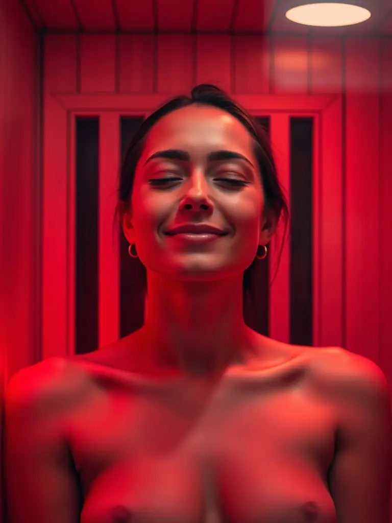 A serene image of a person relaxing in an infrared sauna, bathed in soft red light, eyes closed, with a gentle smile, promoting relaxation and detoxification at PureGlow Sauna Suite.