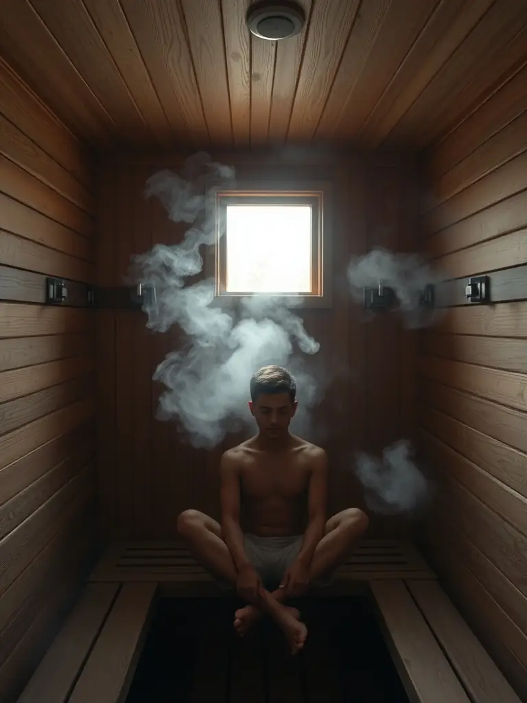 A person enjoying a traditional Finnish sauna, steam rising, wooden interior, promoting deep cleansing and relaxation.