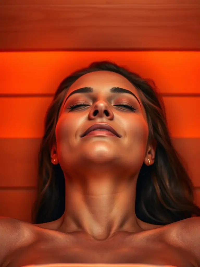 A person relaxing in an infrared sauna, eyes closed, soft lighting, serene expression, promoting detoxification and skin health.