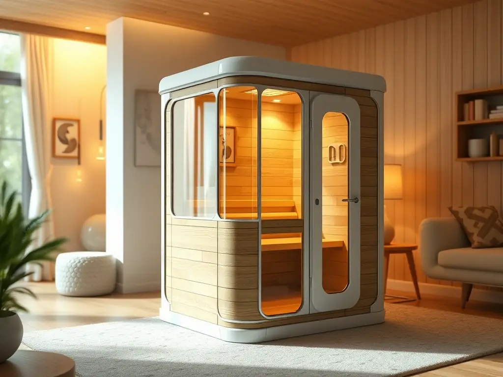 A sleek image of a private sauna pod with customizable lighting and aromatherapy setup, showcasing the personalized wellness experience.