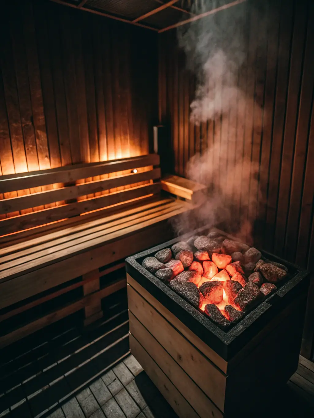 A classic Finnish sauna interior with wooden benches, a bucket and ladle, and hot stones, creating an authentic and traditional sauna experience at PureGlow Sauna Suite.
