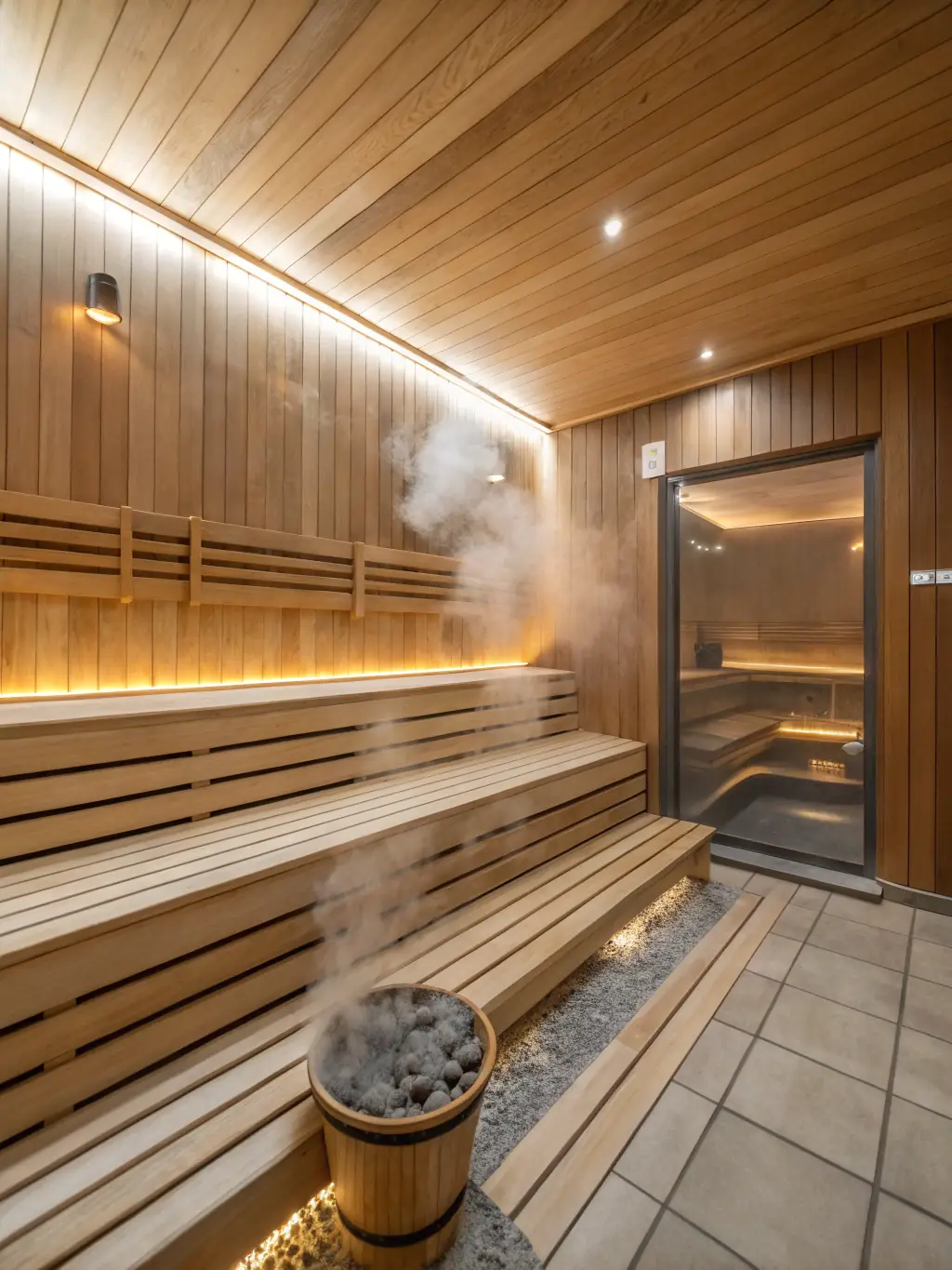 A person experiencing muscle recovery in a sauna, relaxed posture, soft lighting, promoting pain reduction and improved circulation.