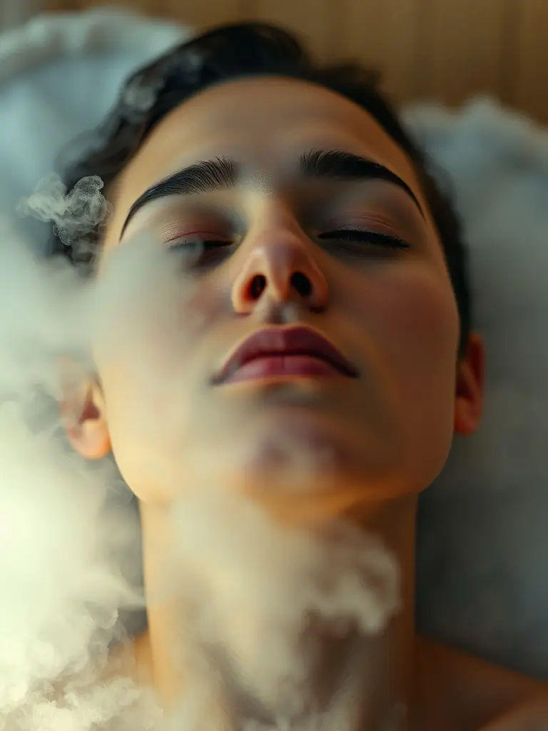 A person relaxing in an infrared sauna with their eyes closed, showcasing the stress-relieving benefits. The sauna is softly lit, creating a calming and peaceful atmosphere.