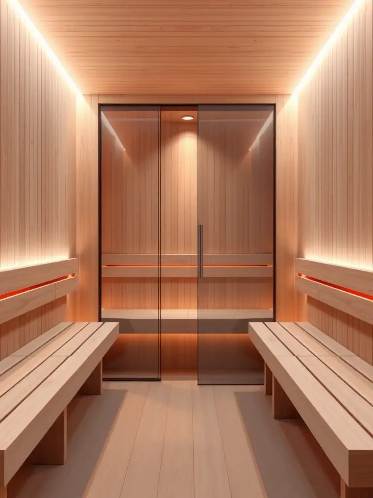 A modern, individual sauna pod with customizable temperature settings, aromatherapy diffusers, and soft lighting, offering a personalized wellness experience at PureGlow Sauna Suite.