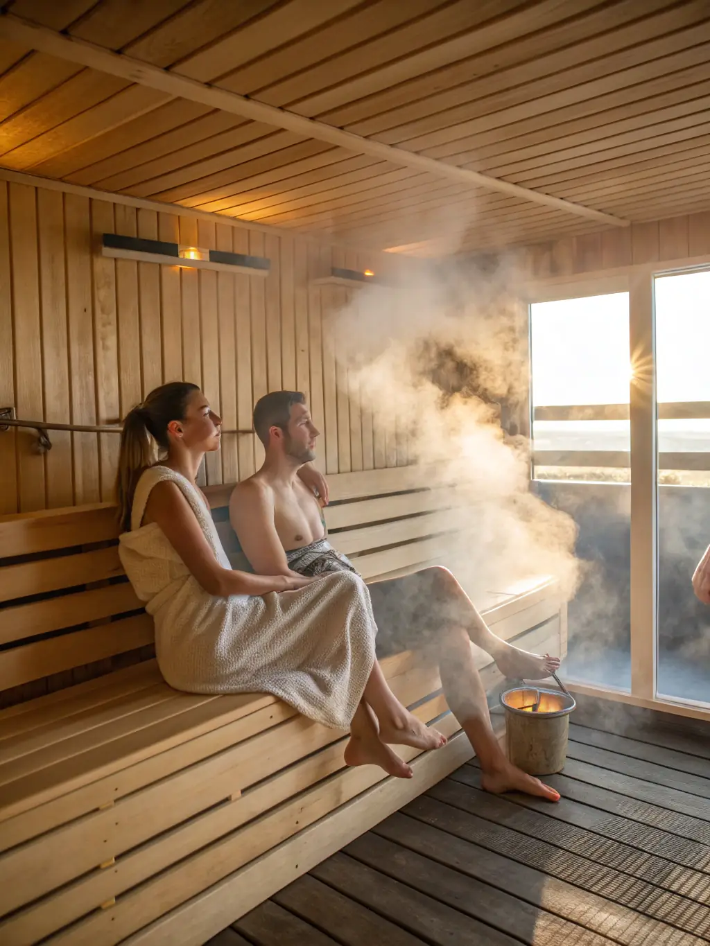 A couple enjoying a sauna session together, laughing and relaxed, with soft lighting and aromatherapy, highlighting the social and wellness benefits at PureGlow Sauna Suite.