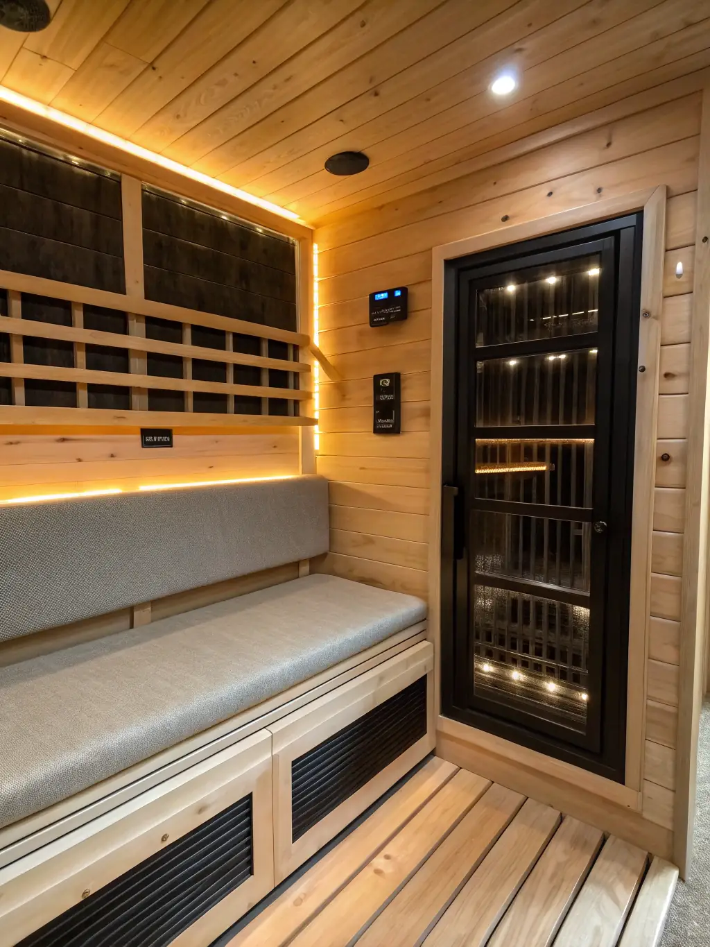 An image of an infrared sauna's heating panels, emphasizing the technology's role in pain relief. The panels are glowing softly, indicating the therapeutic heat.