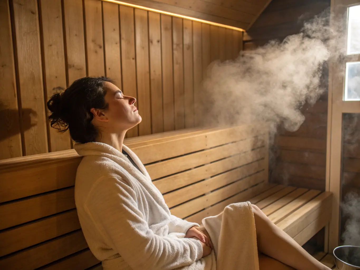 A serene image of a person relaxing inside a modern infrared sauna with soft lighting and aromatherapy diffusers, emphasizing the calming and personalized experience.