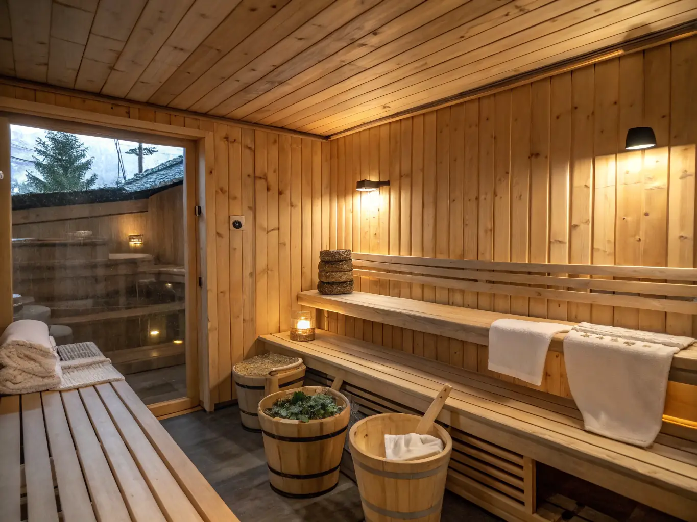 An inviting image of a traditional wooden Finnish sauna with steam rising and a cozy interior, highlighting the authentic and time-honored method for relaxation.